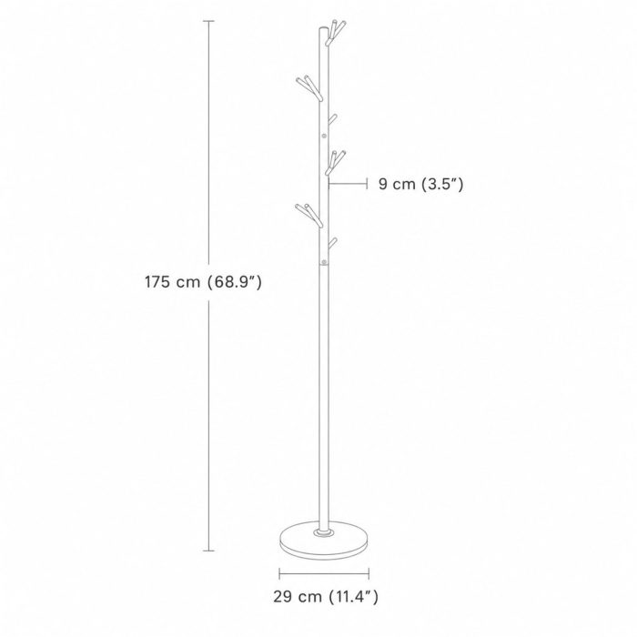 Dimensions de l'arbre : hauteur 175 cm, socle 29 cm, branches 9 cm