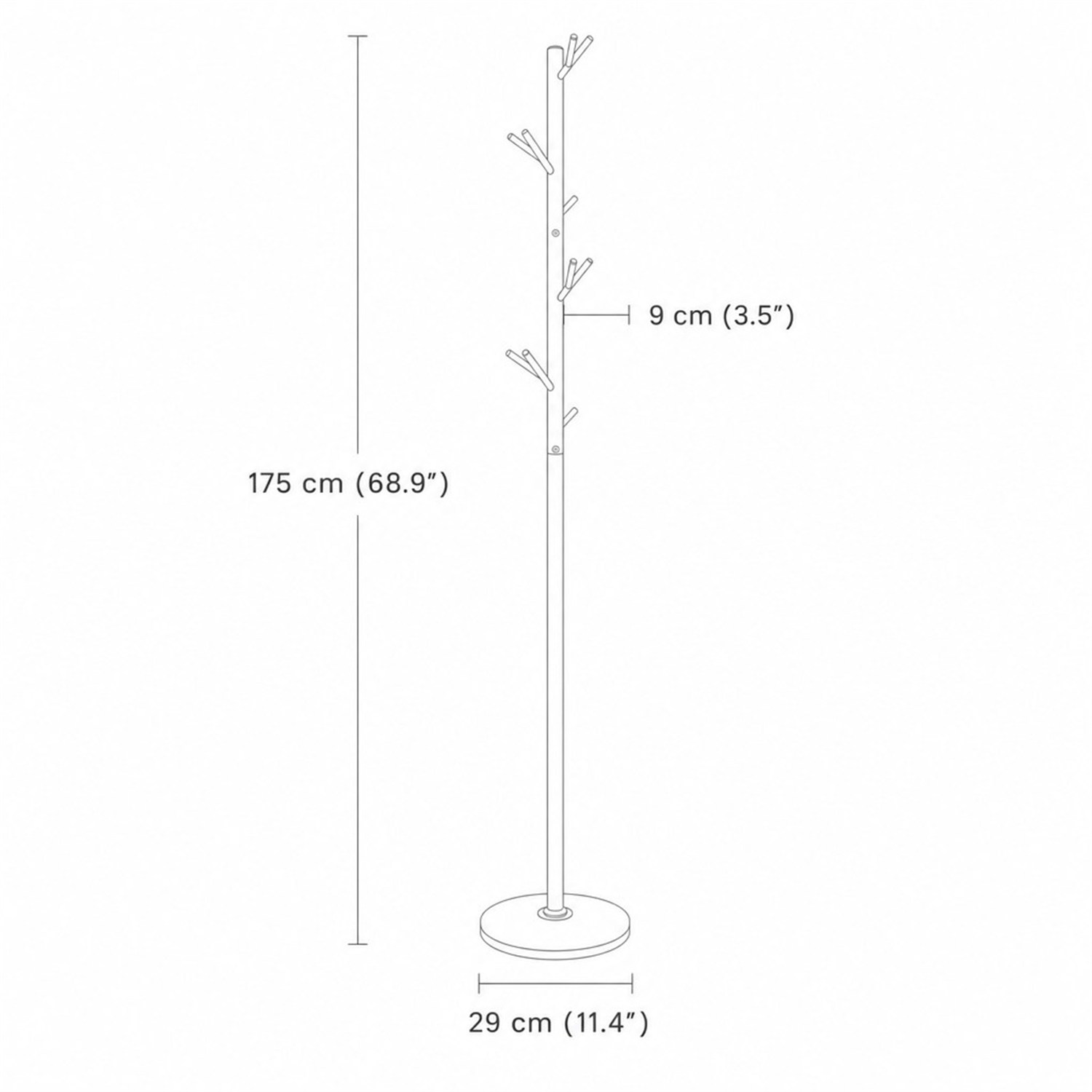 Dimensions de l'arbre : hauteur 175 cm, socle 29 cm, branches 9 cm