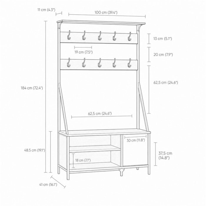 Dimensions du vestiaire banc : 184 x 100 x 41 cm, assise à 48,5 cm