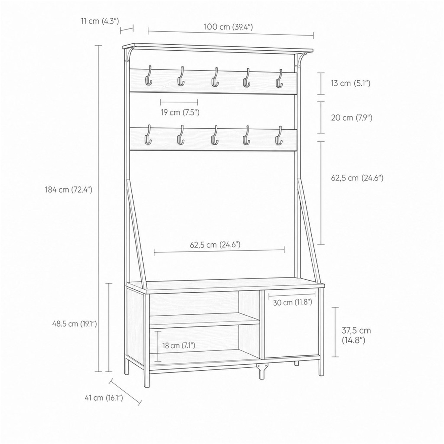 Dimensions du vestiaire banc : 184 x 100 x 41 cm, assise à 48,5 cm