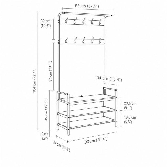 Dimensions du vestiaire : 184 cm de hauteur, 90 cm de largeur, 34 cm de profondeur