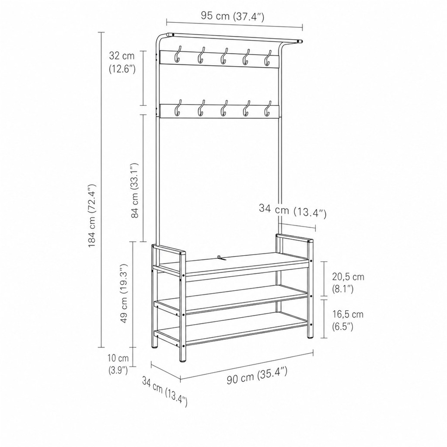 Dimensions du vestiaire : 184 cm de hauteur, 90 cm de largeur, 34 cm de profondeur