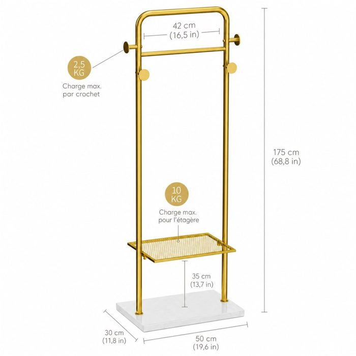 Dimensions du portant doré : hauteur 175 cm, barre 42 cm, socle 50 x 30 cm