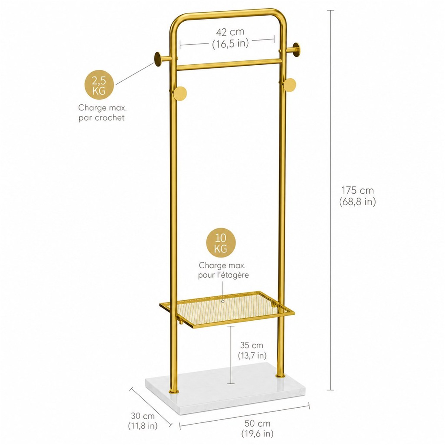 Dimensions du portant doré : hauteur 175 cm, barre 42 cm, socle 50 x 30 cm