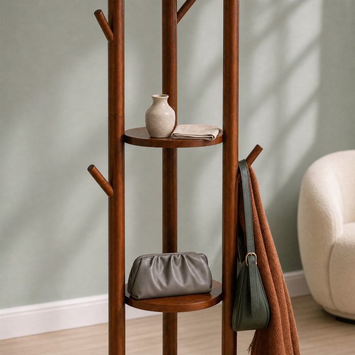 Porte manteau bois avec tablette ronde