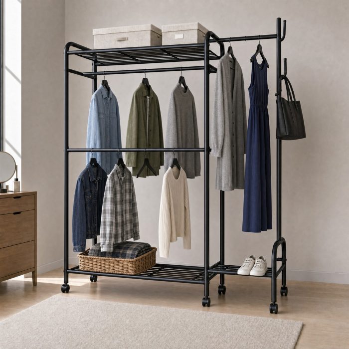 Garde-robe ouverte avec étagères