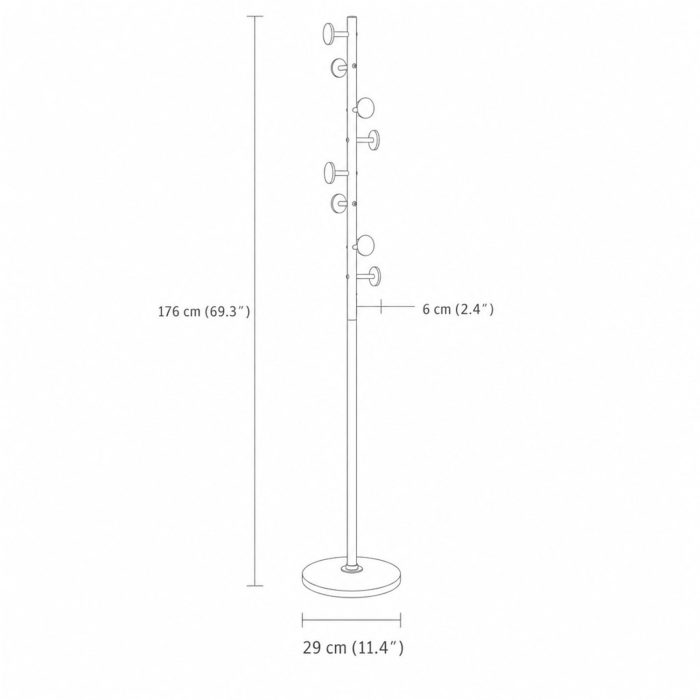 Dimensions du portemanteau : hauteur 176 cm, socle 29 cm, patères 6 cm