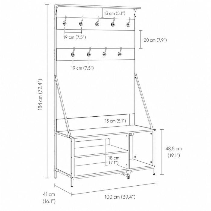 Schéma technique : hauteur 184 cm, largeur 100 cm, profondeur 41 cm