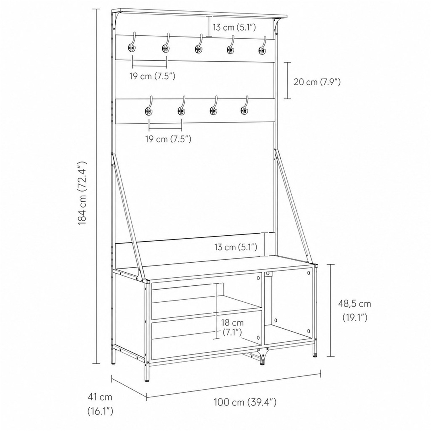 Schéma technique : hauteur 184 cm, largeur 100 cm, profondeur 41 cm